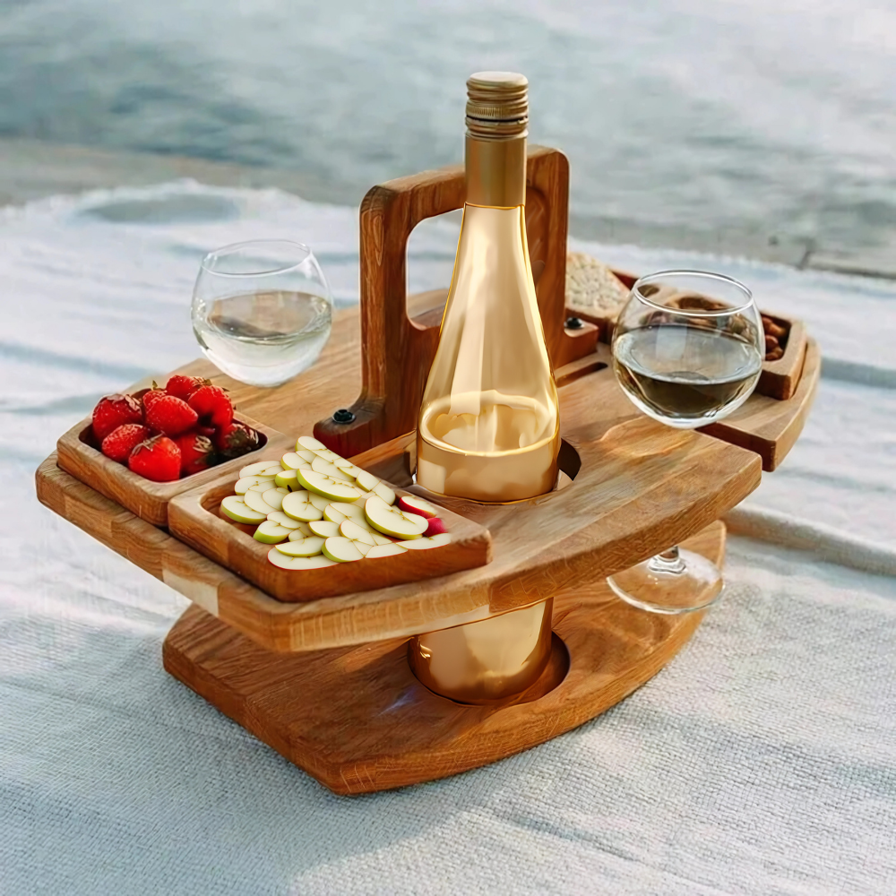 Folding Wooden Wine Table with Snack Compartments, Glass and Bottle Holders