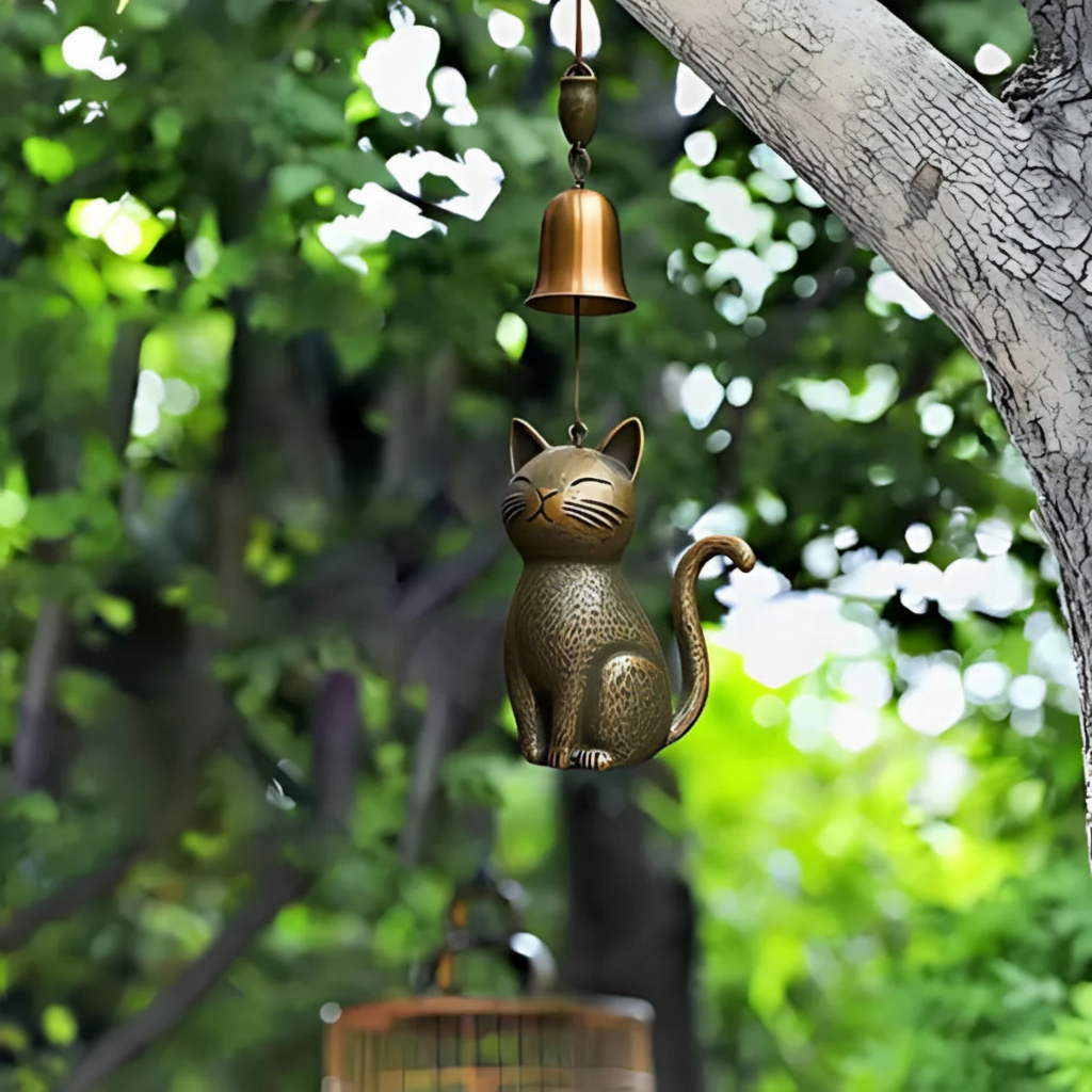 Artisan Cat-Inspired Copper Wind Chime for a Calming Atmosphere