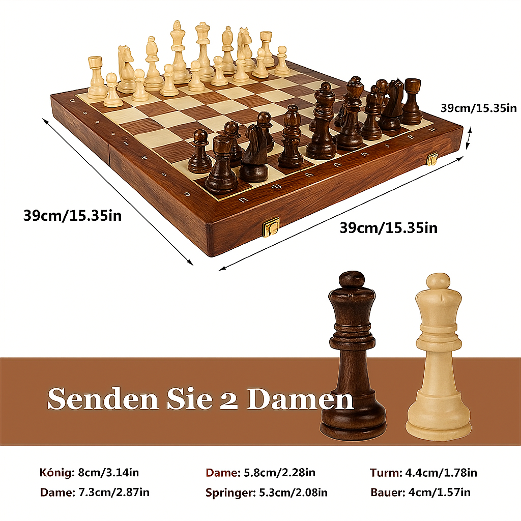 Elegant Wooden Chess Set with Foldable Board and Artisan Pieces