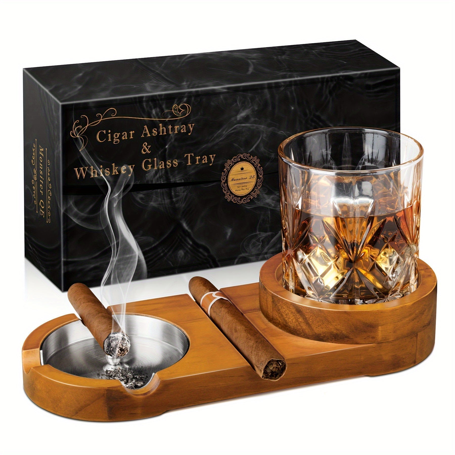 Elegant Wooden Cigar Ashtray with Glass Holder