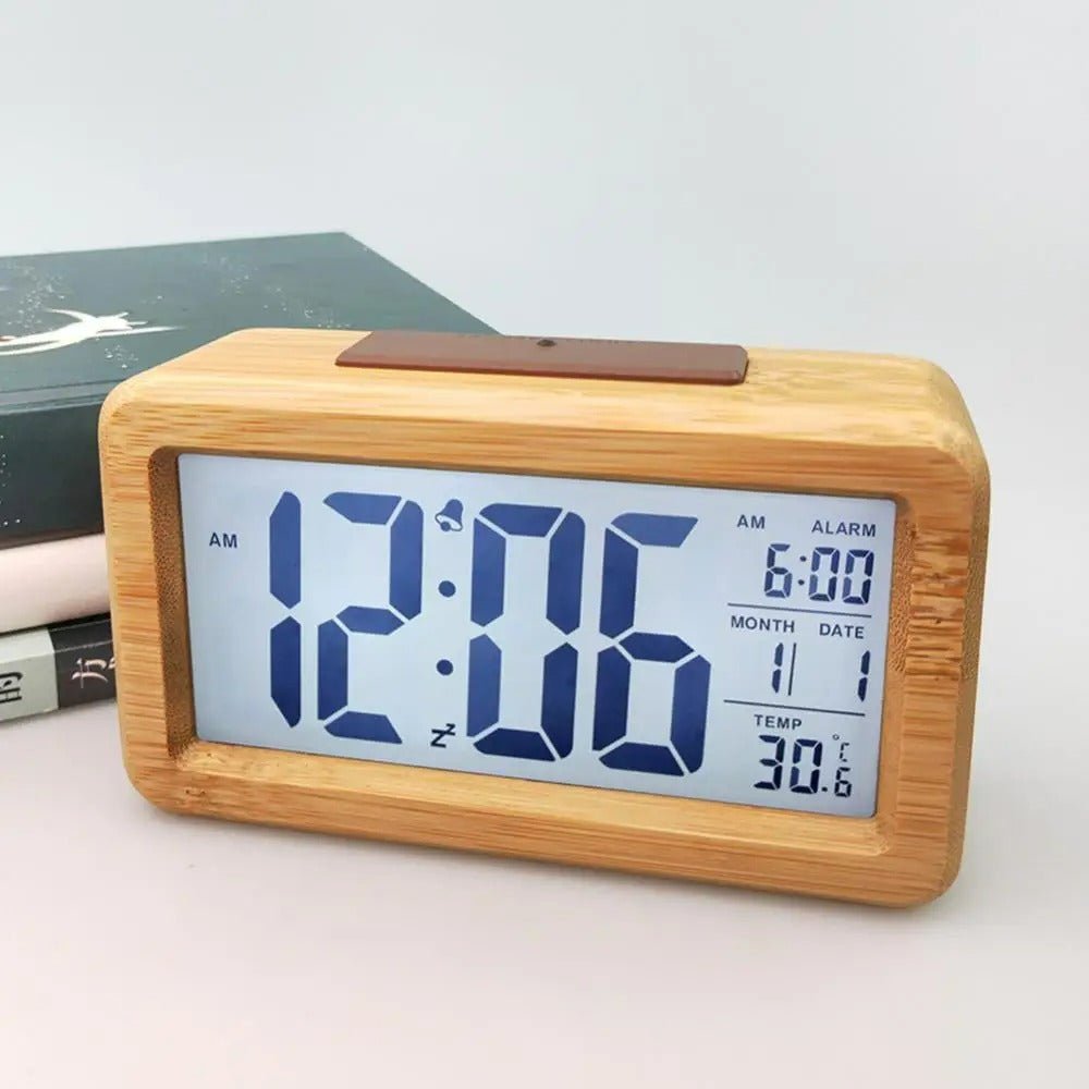 Natural Wood Alarm Clock with LED Display & Temp Monitor