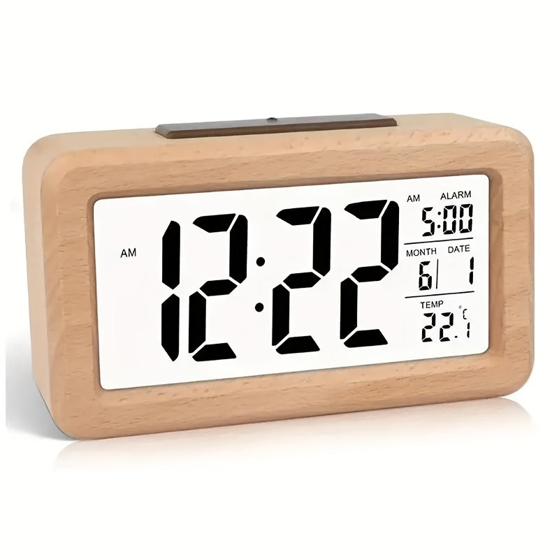 Elegant Wooden LED Alarm Clock with Temperature Display