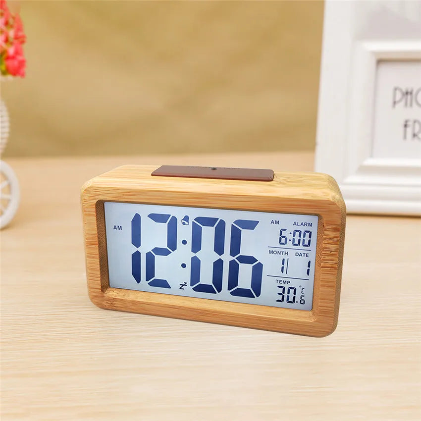 Elegant Wooden LED Alarm Clock with Temperature Display