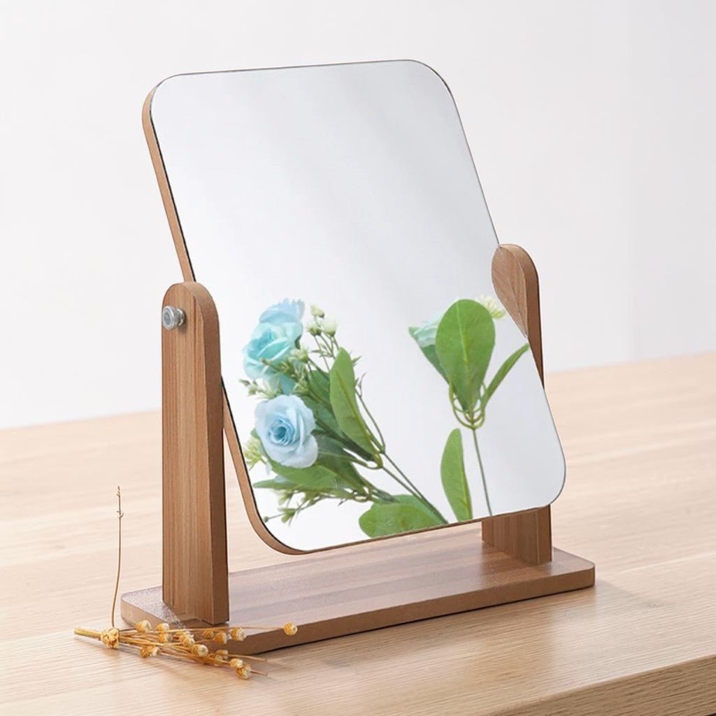 Elegant 360-Degree Rotating Tabletop Mirror with Wooden Frame