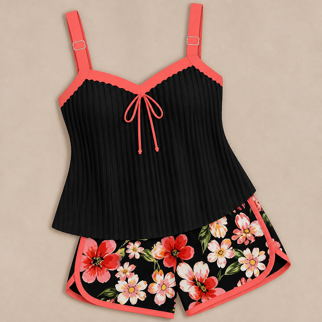 SoloraSway™ – Flowing Pleated Tankini Set with Coverage Shorts