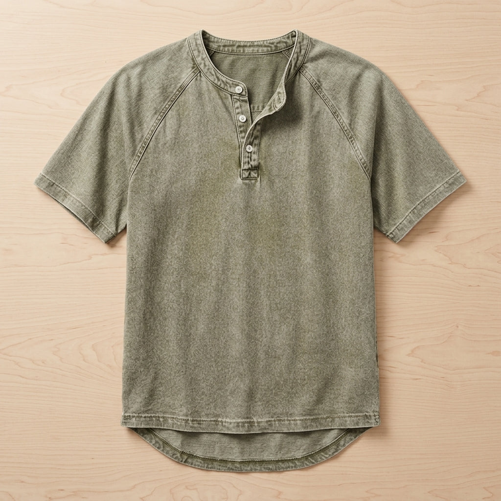 VesperLoom™ – Vintage Mineral-Wash Raglan Henley Tee