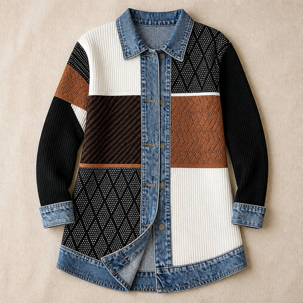 SolaceRidge™ – Soft Ribbed Knit Jacket with Contrast Denim Trim