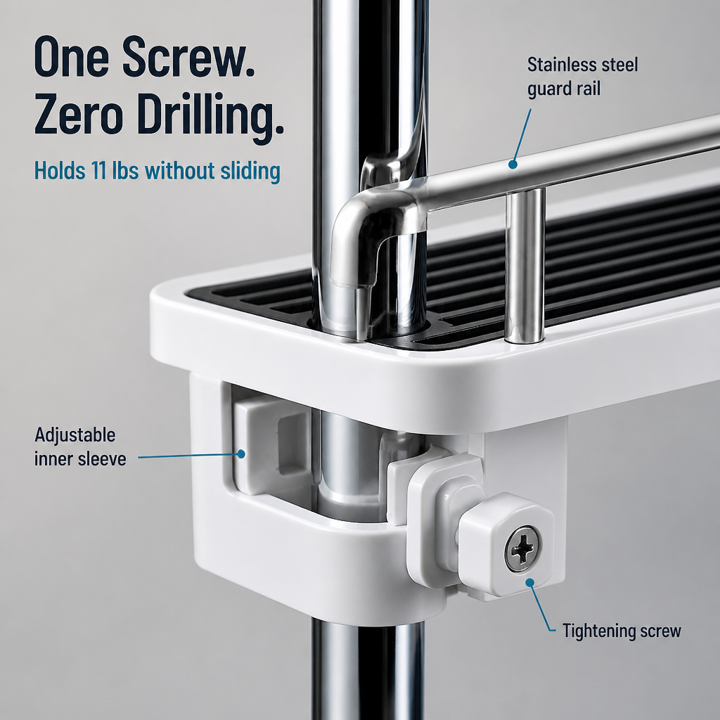 AquaNest™ — Snap One Adjustable Tray onto Your Shower Pipe, No Drilling