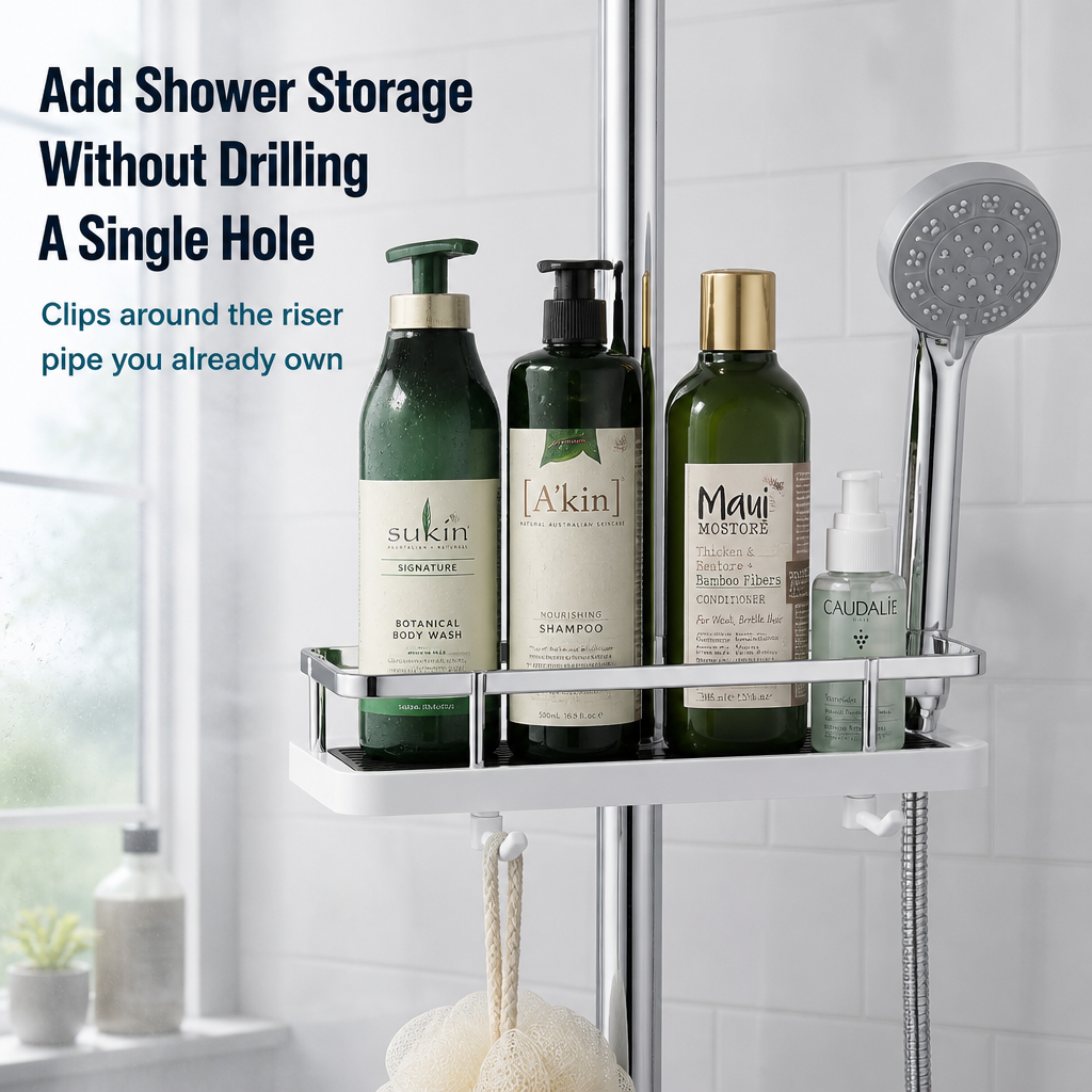 AquaNest™ — Snap One Adjustable Tray onto Your Shower Pipe, No Drilling