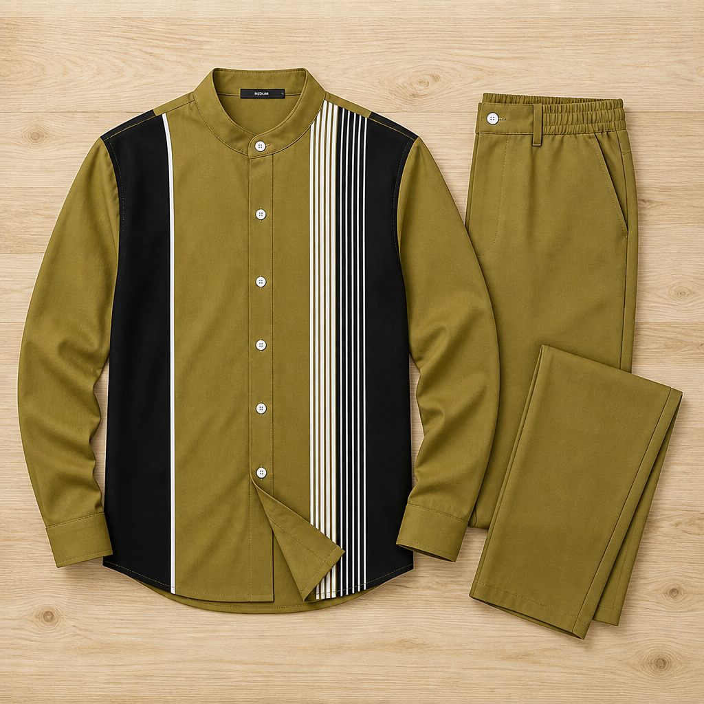 ValoroEdge™ – Color-Block Striped Mandarin-Collar Shirt & Pants Set
