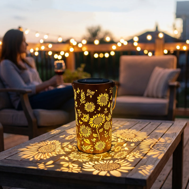 Solar garden lamp with sunflower motif