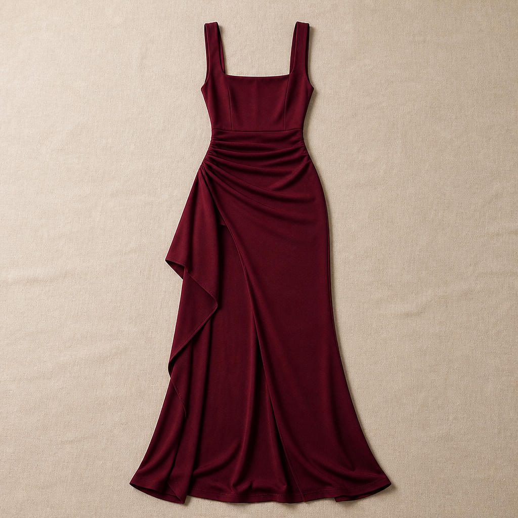 LuminaLuxe™ – Elegant Square-Neck Ruched Maxi Dress with High Thigh Slit