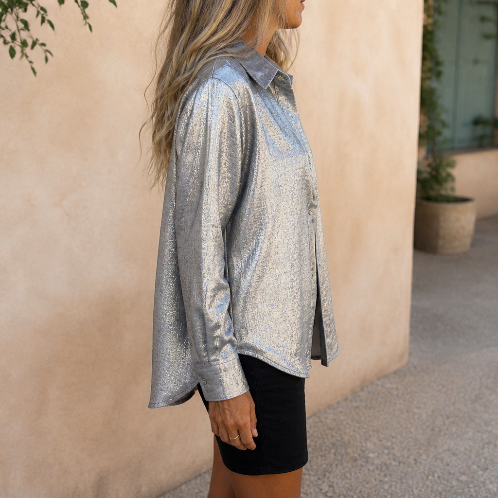 SilkenShade™ – Shiny Metallic Button-Down Shirt with Lapel Collar