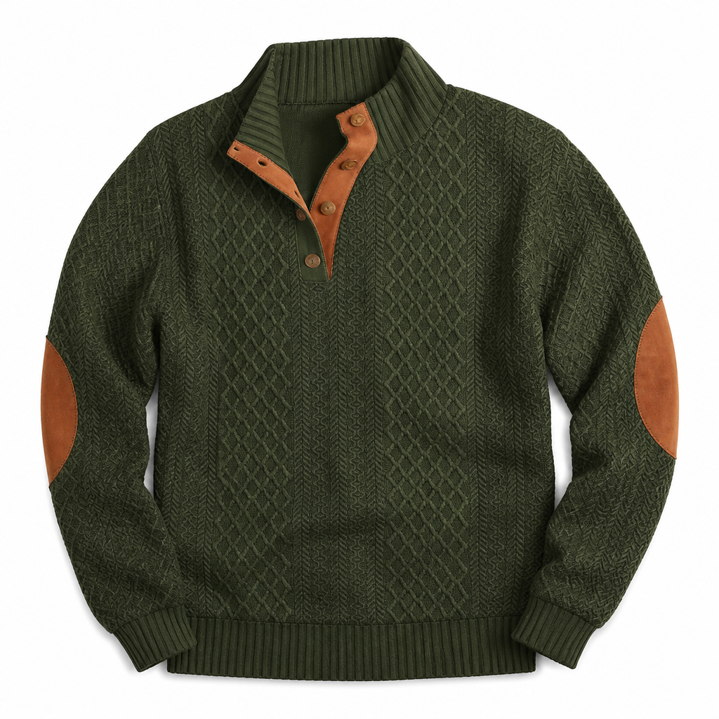 AtlasForge™ – Jacquard Textured Stand-Collar Sweater with Elbow Patches