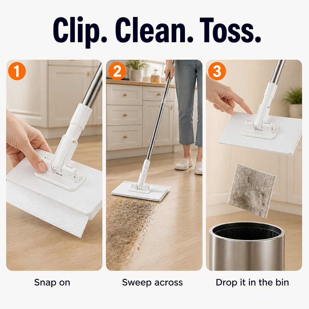 SwiftSweepPro™ — Clip to Any Fabric, Sweep Every Surface, Forget the Refill Lane Forever