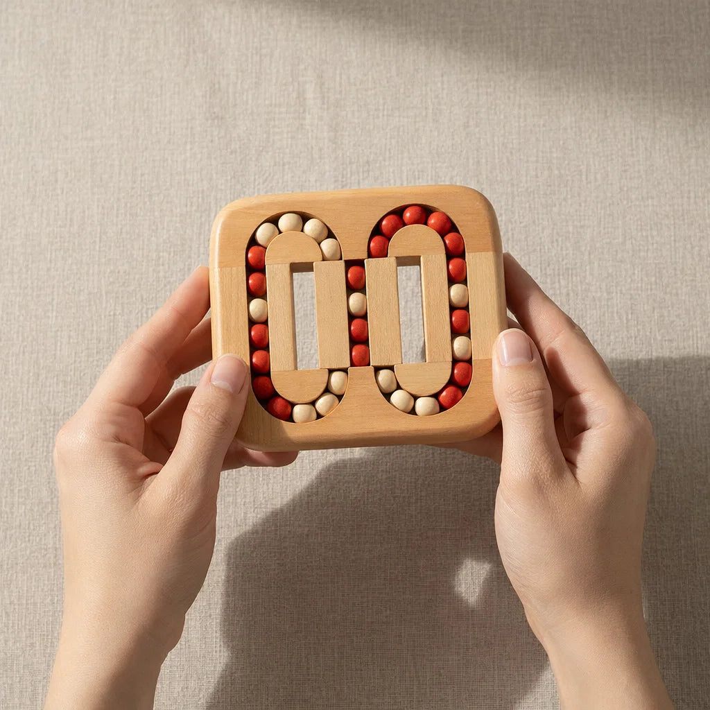 Wooden puzzle game with rotating pieces