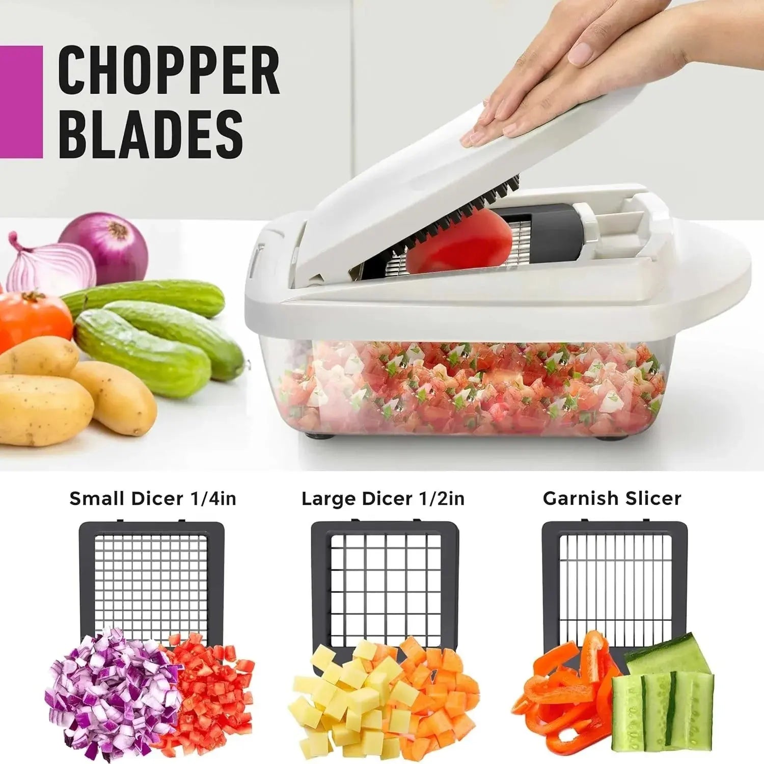 Vegetable Chopper | Slicing, Dicing, Grating | Safety Holder & Storage Container | VegiCut