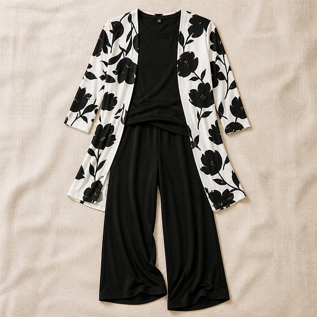 VelaLuxe™ – Elegant 3-Piece Set with Floral Cardigan & Wide-Leg Pants