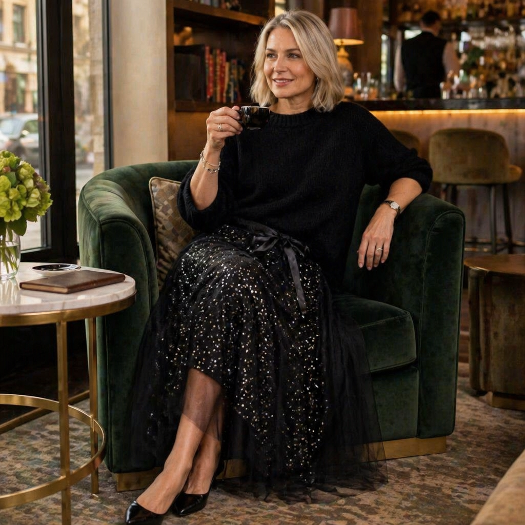 Soraya™ – Sparkling Sequin Tulle Midi Skirt & Snug Knit Sweater Set
