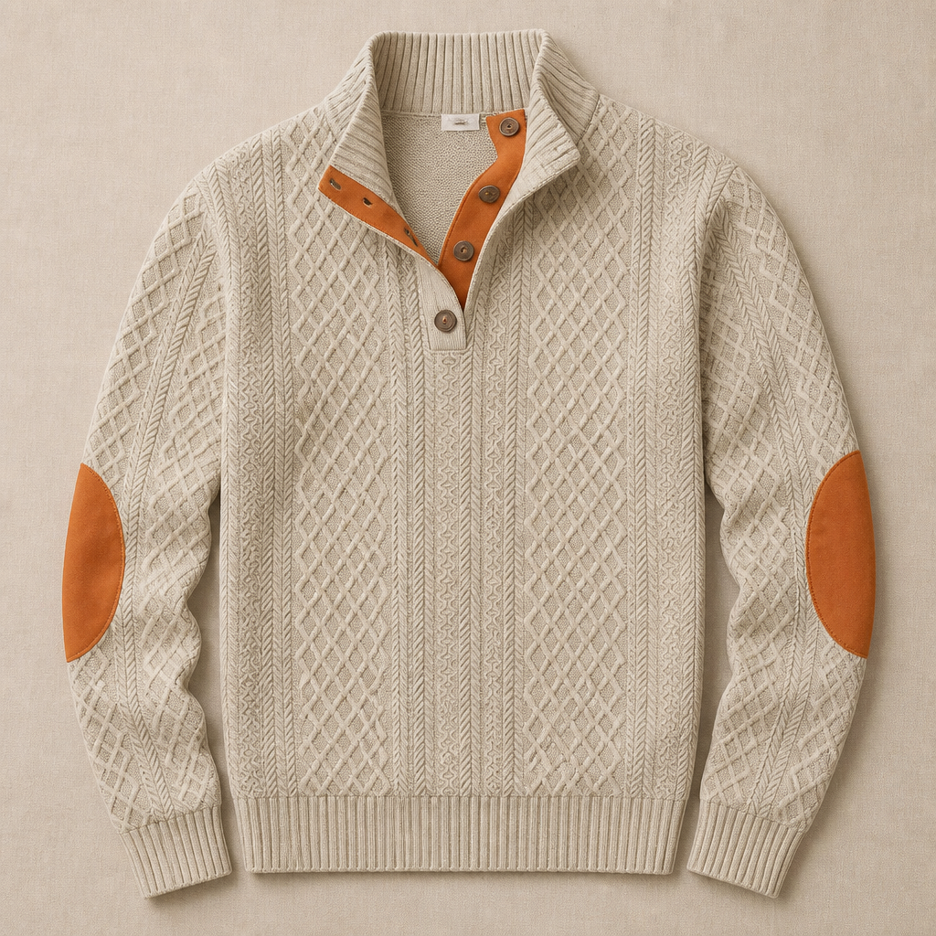 AtlasForge™ – Jacquard Textured Stand-Collar Sweater with Elbow Patches