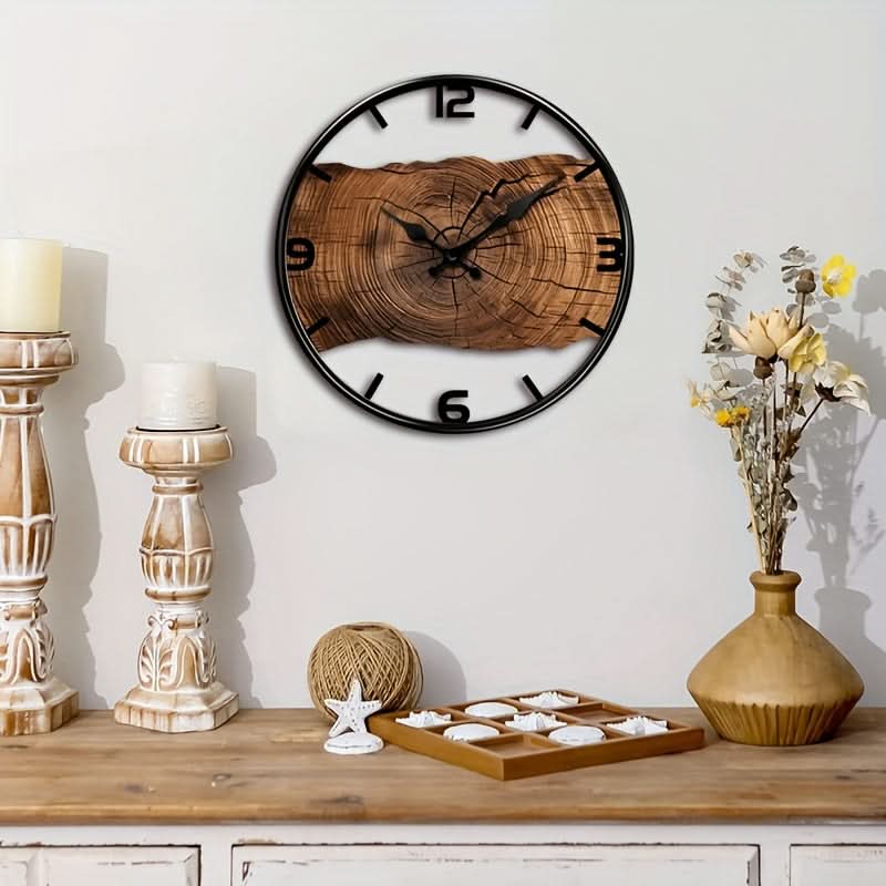 Round Carved Wooden Wall Clock - Silent Design