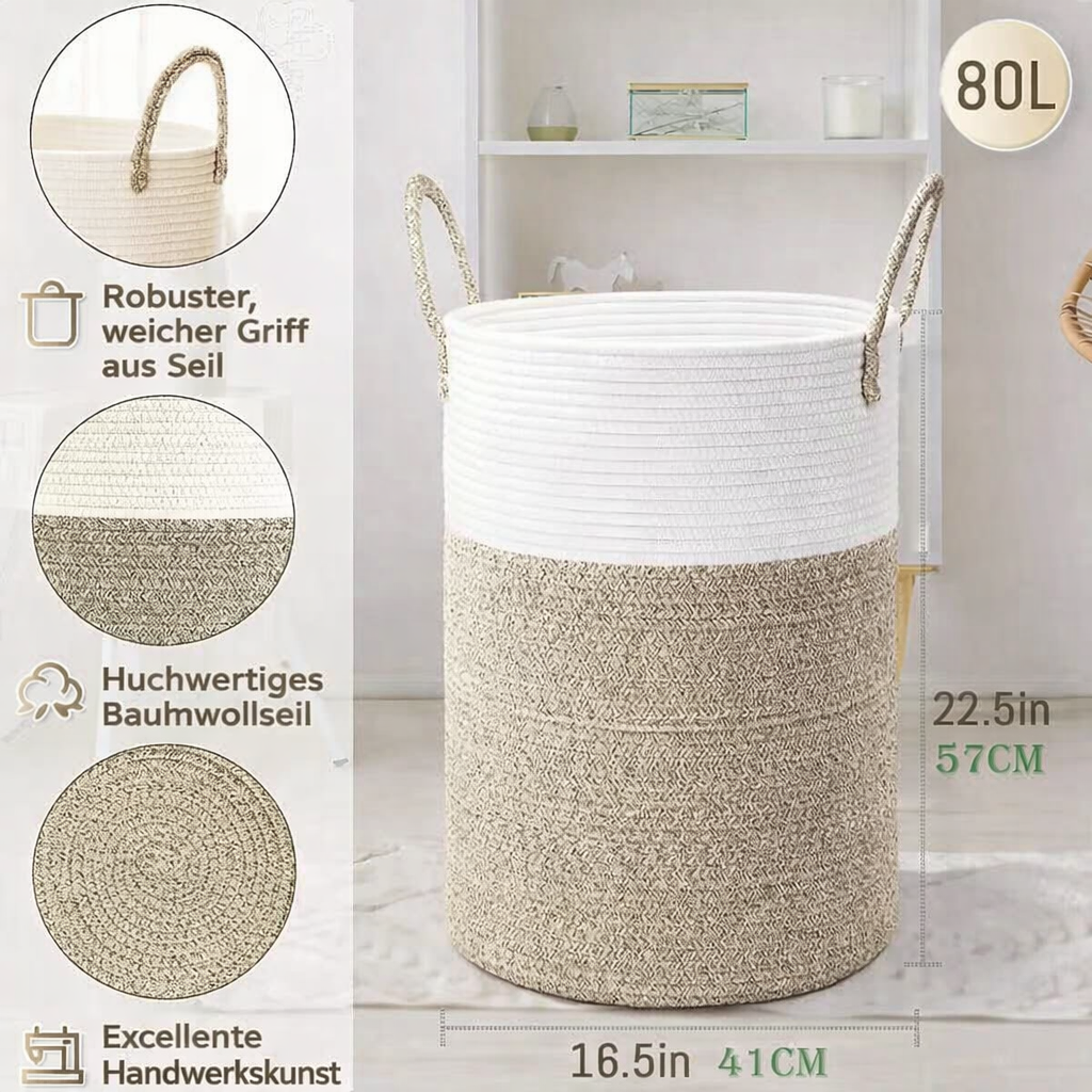 Collapsible Cotton Basket | 60L Laundry Hamper | Stylish Storage | RopeBasket