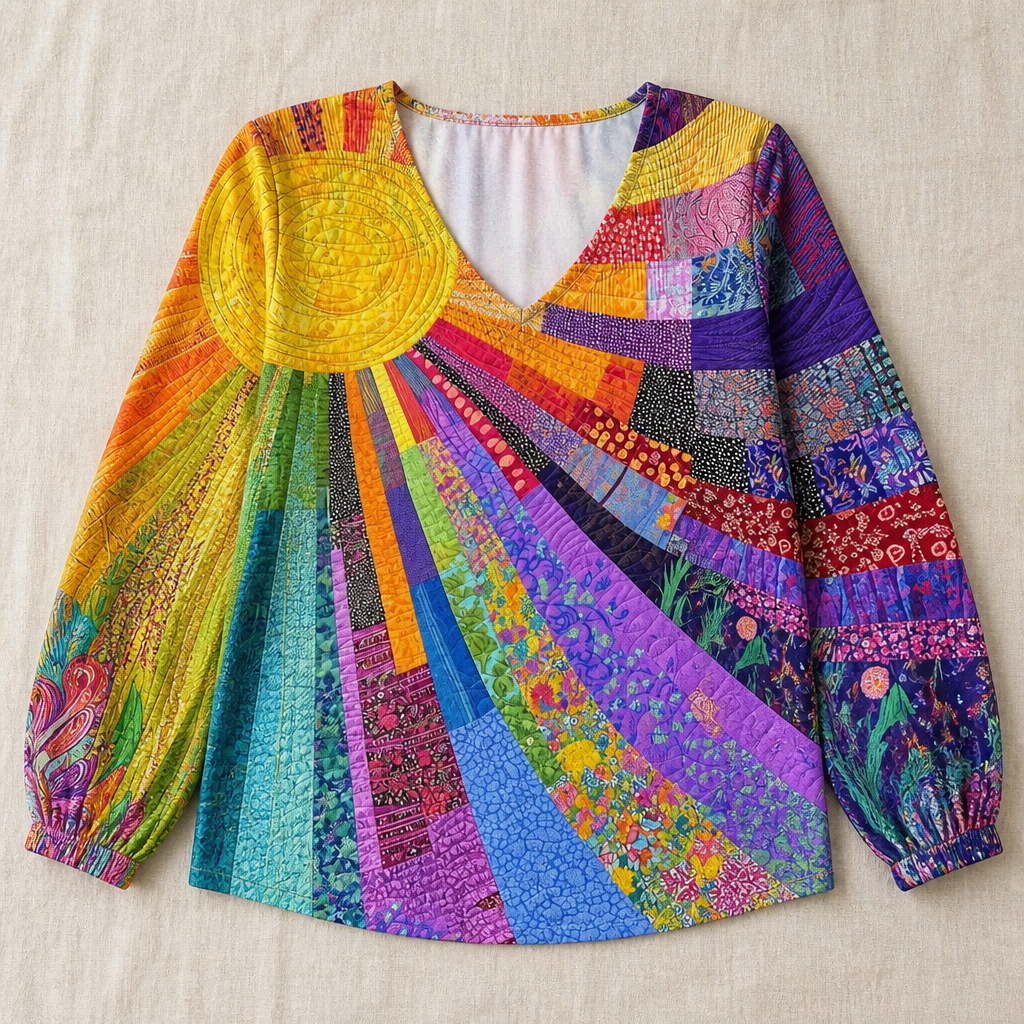 LuxeVera™ – Radiant Sunburst Patchwork V-Neck Blouse