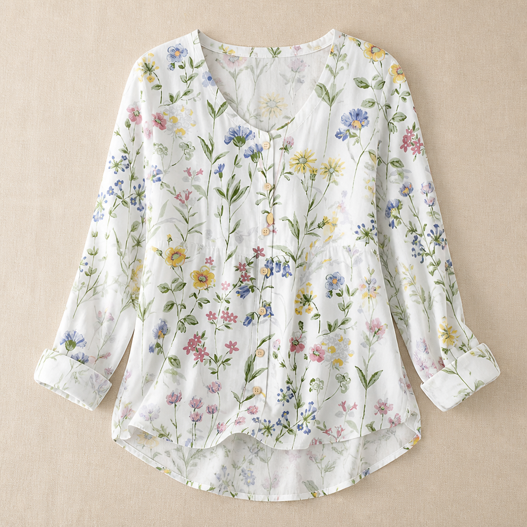 SerenLuxe™ – Breezy Cotton-Linen Floral Shirt with V-Neck