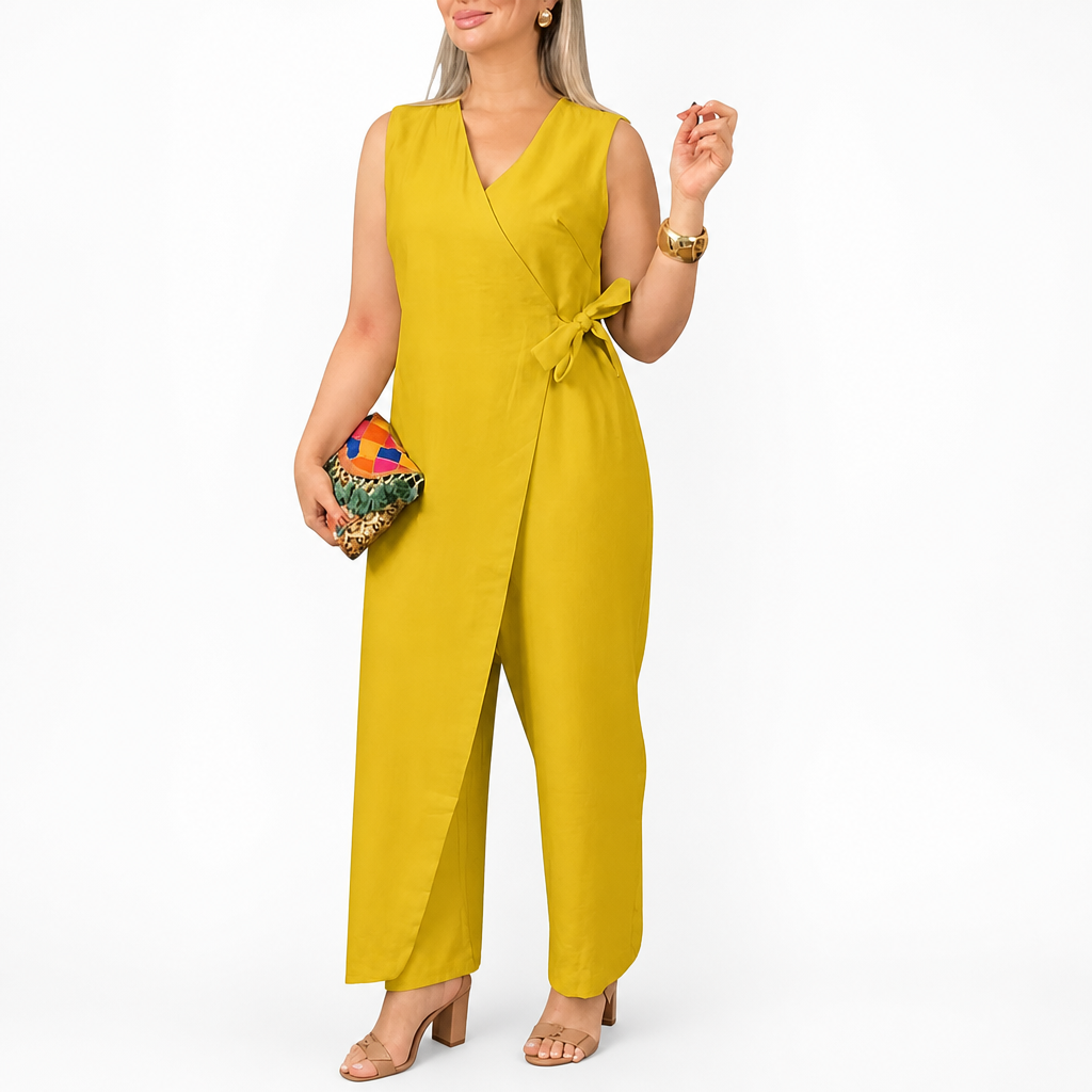 SereneSilhouette™ – Chic Sleeveless Wrap-Front Jumpsuit Featuring Side Tie