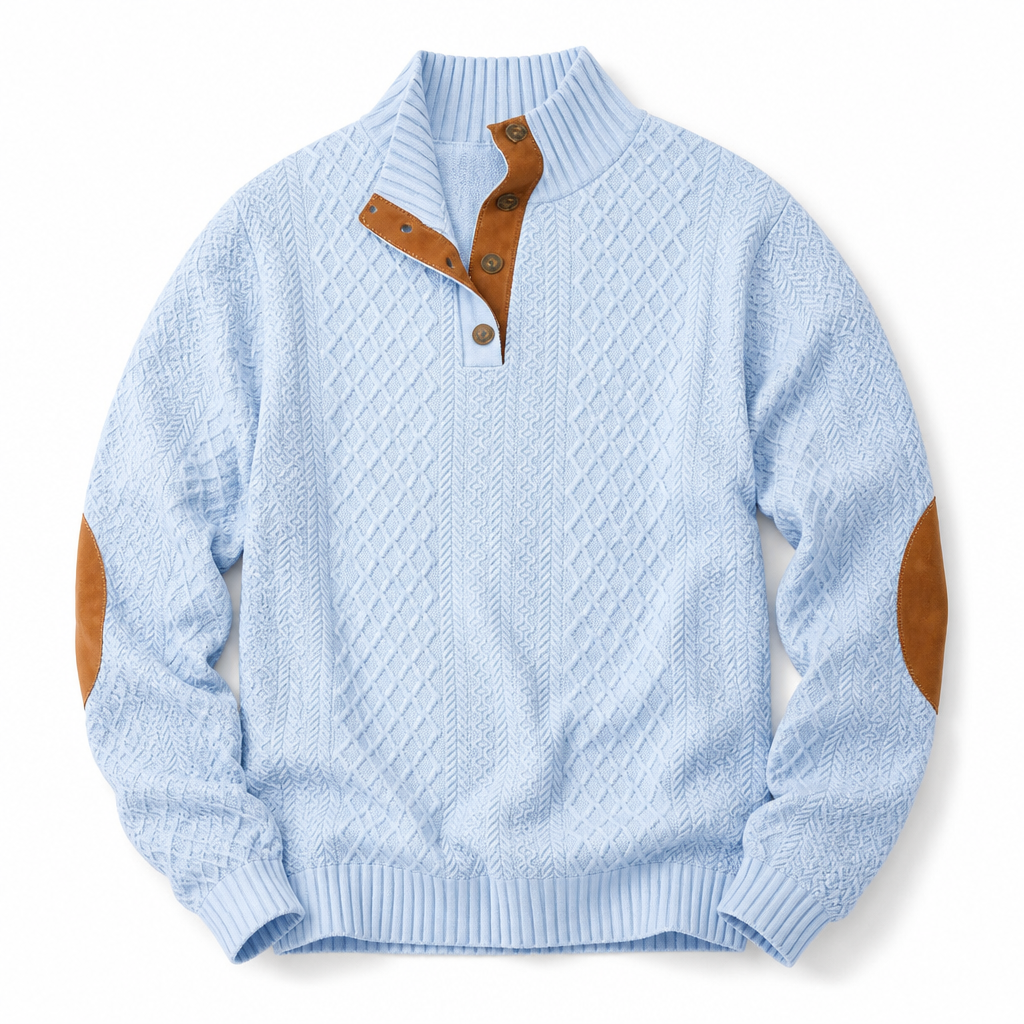 AtlasForge™ – Jacquard Textured Stand-Collar Sweater with Elbow Patches