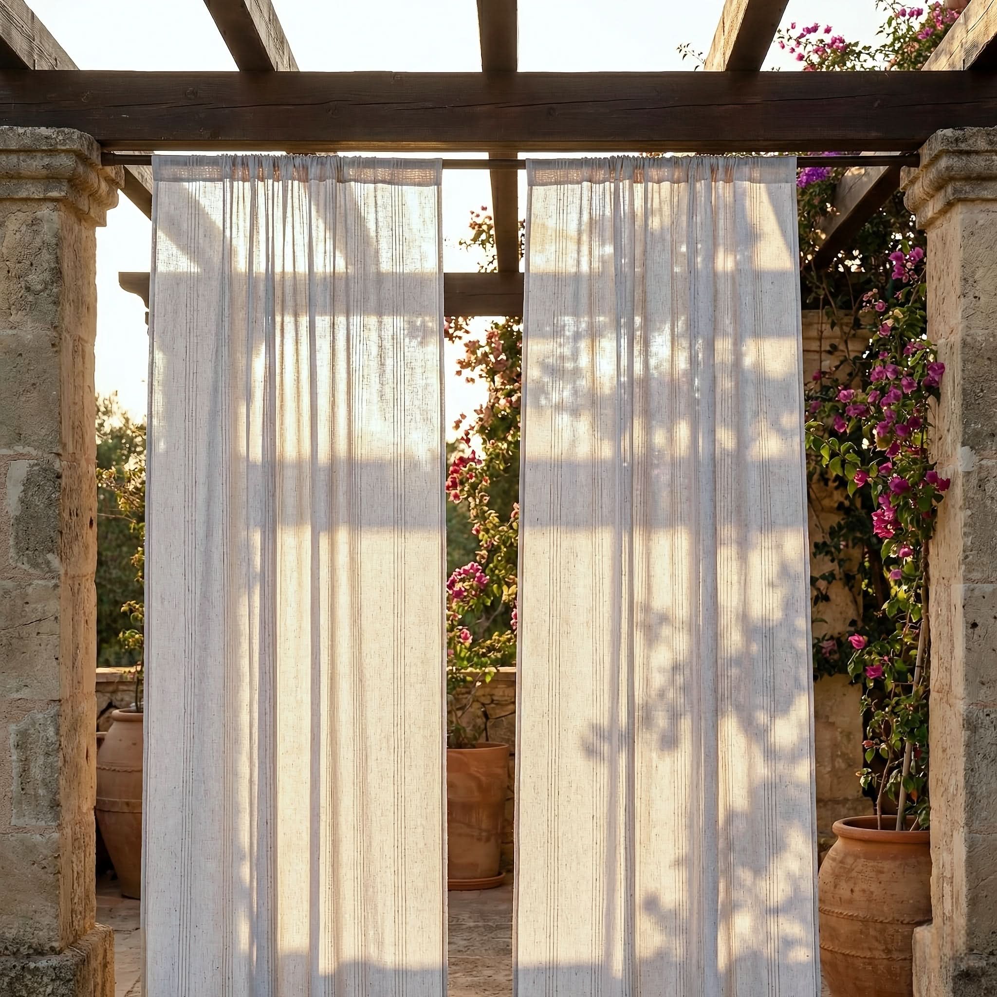 Outdoor Sheer Curtains in Faux Linen for Boho Patio Privacy
