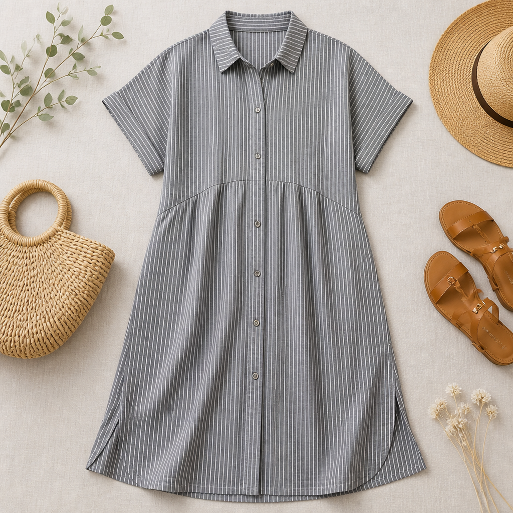 LunaVerve™ – Airy Striped Button-Down Midi Shirt Dress