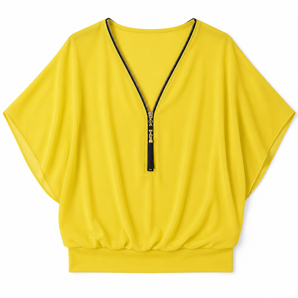 LuminaFlex™ – Airy Chiffon V-Neck Top with Zip Accent