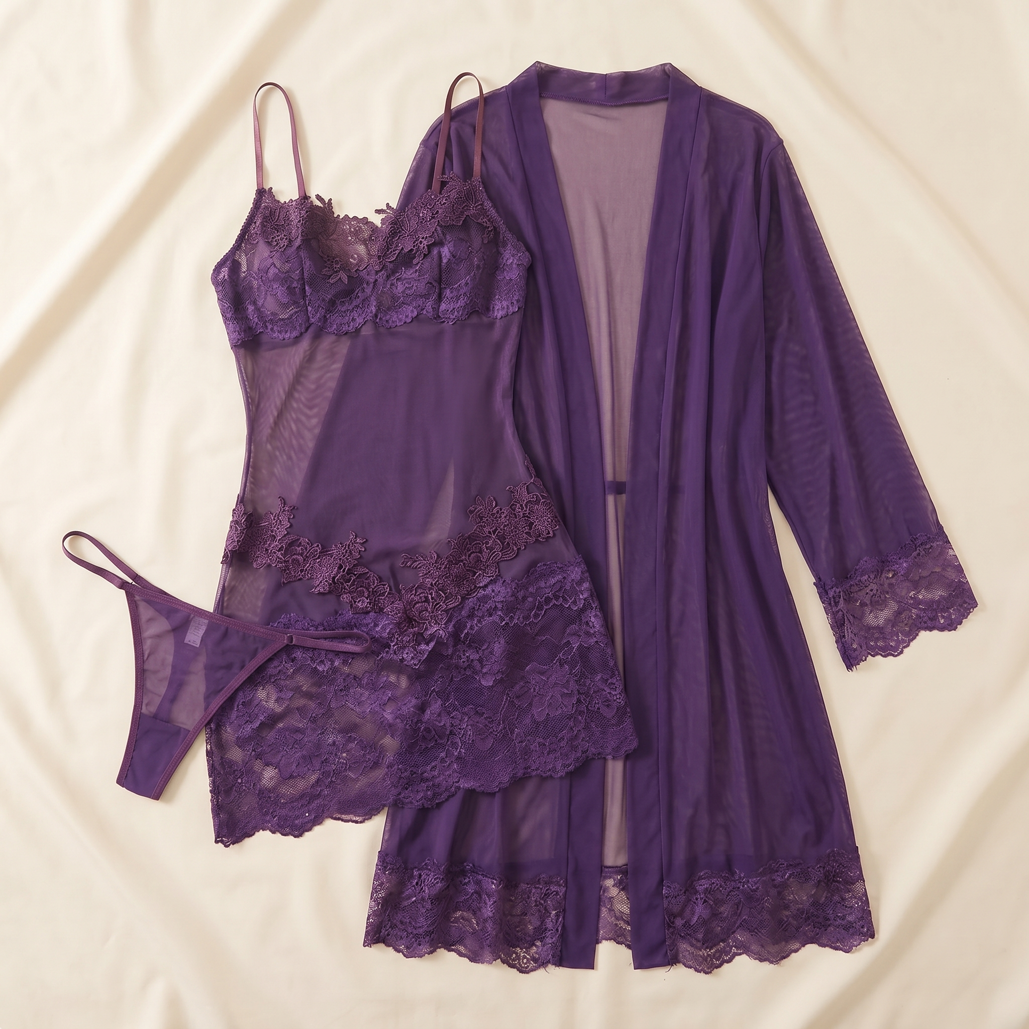 Enchantress™ – Transparent Floral Lace 3-Piece Lingerie Ensemble with Mesh Robe