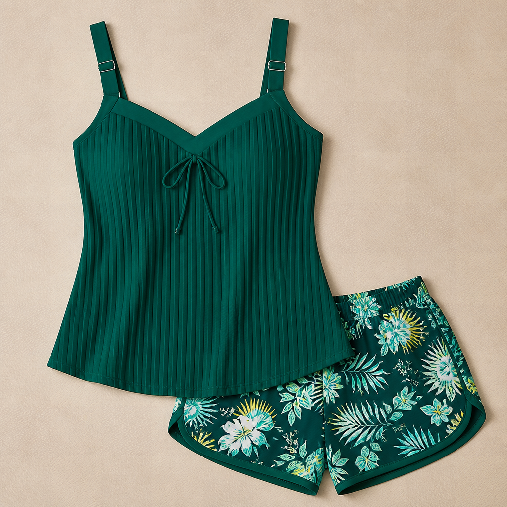SoloraSway™ – Flowing Pleated Tankini Set with Coverage Shorts