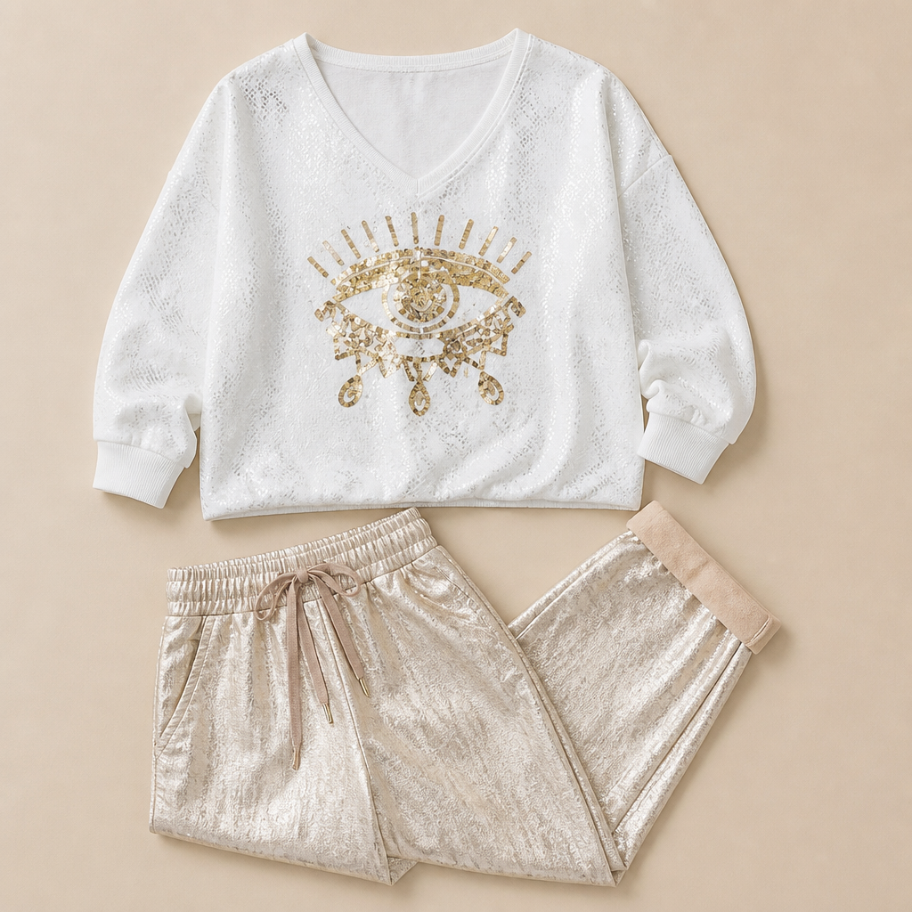 LumaDaze™ – Sequin Evil Eye Top with Metallic Shine Pants Set