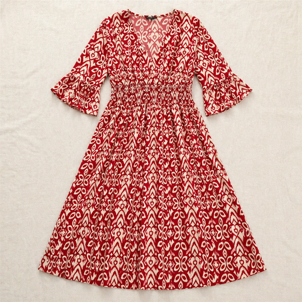 Majestella™ – Flowy V-Neck Midi Dress with Smocked Waist