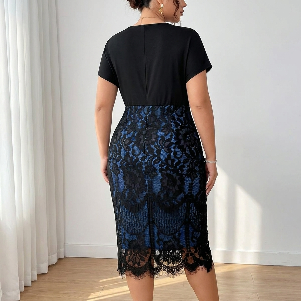AriaLuxe™ – Lace Midi Dress with V-Neck Wrap Top, Curve-Enhancing Silhouette