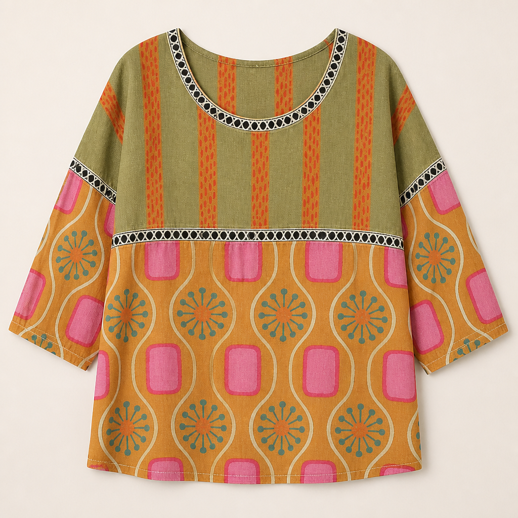 VivaLuxe™ – Boho-Inspired Mixed-Print Relaxed Fit Top with 3/4 Sleeves