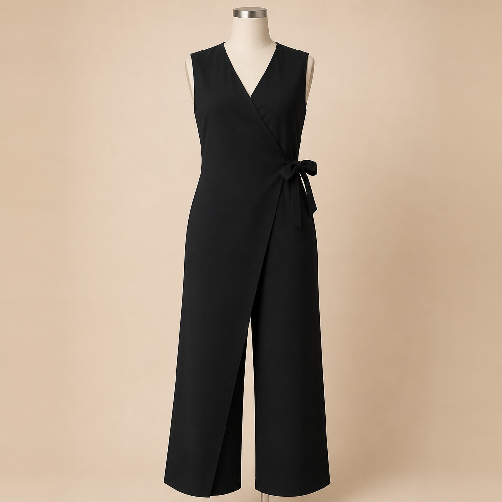 SereneSilhouette™ – Chic Sleeveless Wrap-Front Jumpsuit Featuring Side Tie