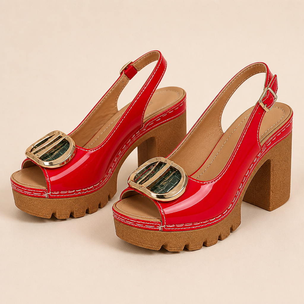 VivaStride™ – Patented Peep-Toe Block Heel Sandals Featuring Bold Gold Buckle