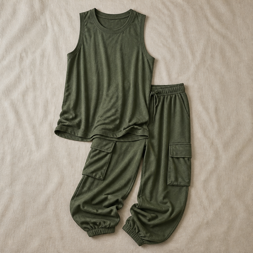 LuxeStride™ – Washed Cotton Tank and Cargo Jogger Set