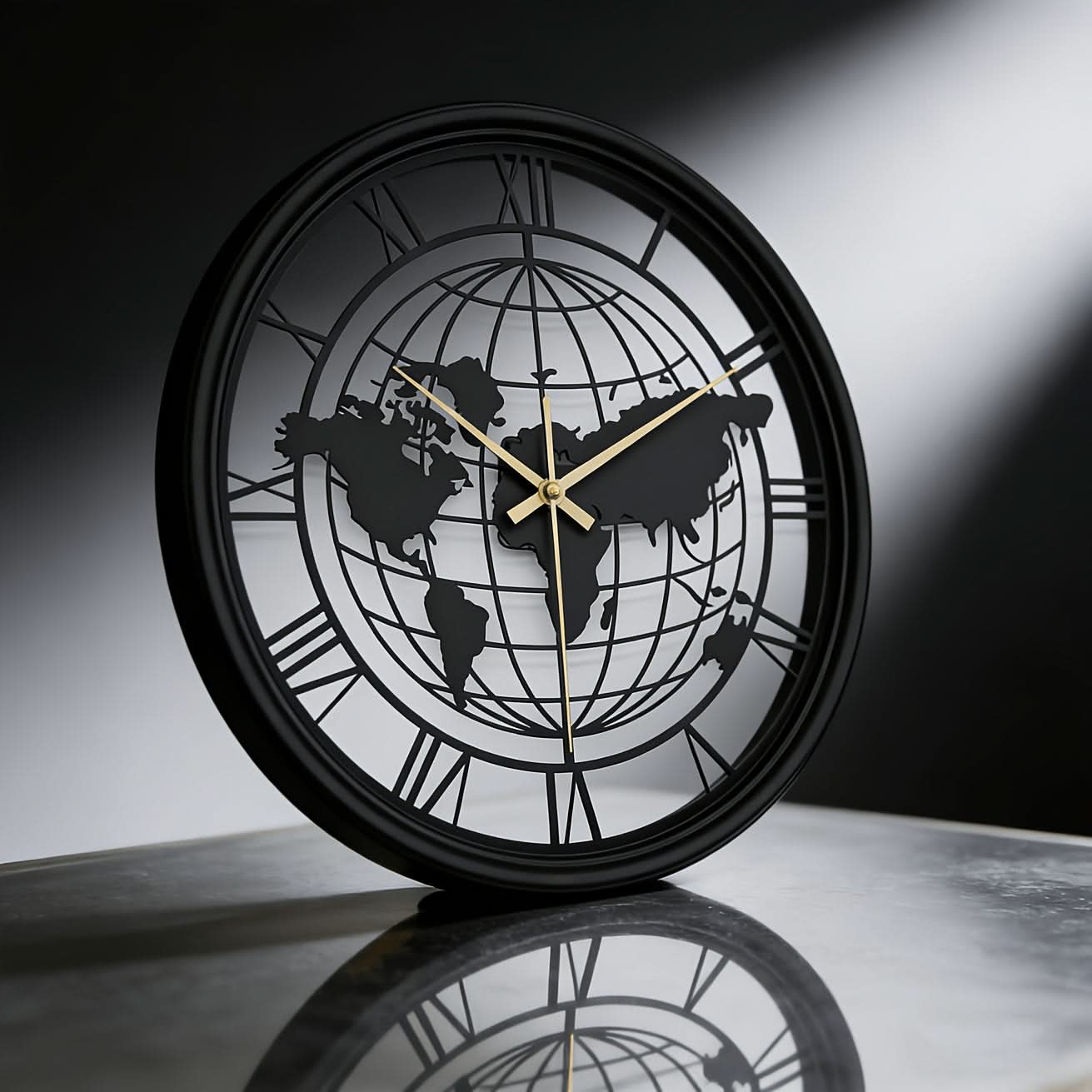 Silent Metal Wall Clock Featuring a Roman World Map Design