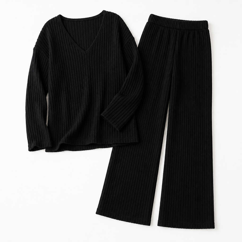 Serelis™ – Soft Ribbed V-Neck Lounge Set Featuring Wide-Leg Pants