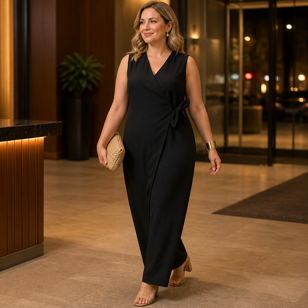 SereneSilhouette™ – Chic Sleeveless Wrap-Front Jumpsuit Featuring Side Tie