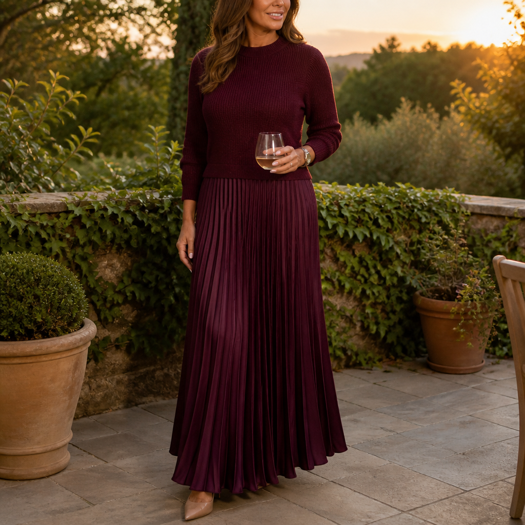 VelaLift™ – Chic Pleated Maxi Skirt Ensemble with Cropped Knit Top