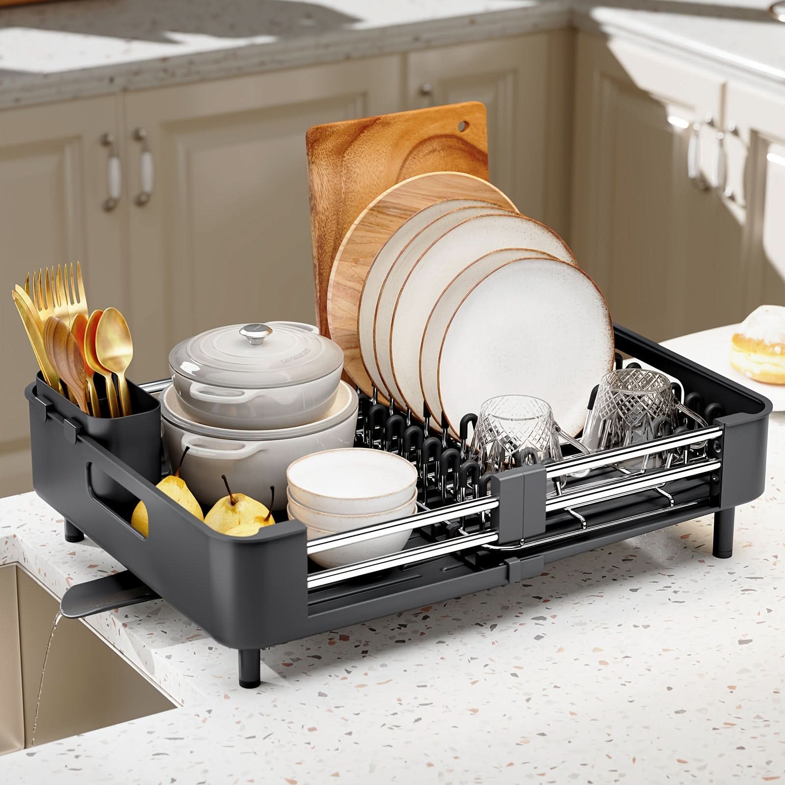 Expandable Dish Rack with Drainage Spout for Easy Drying