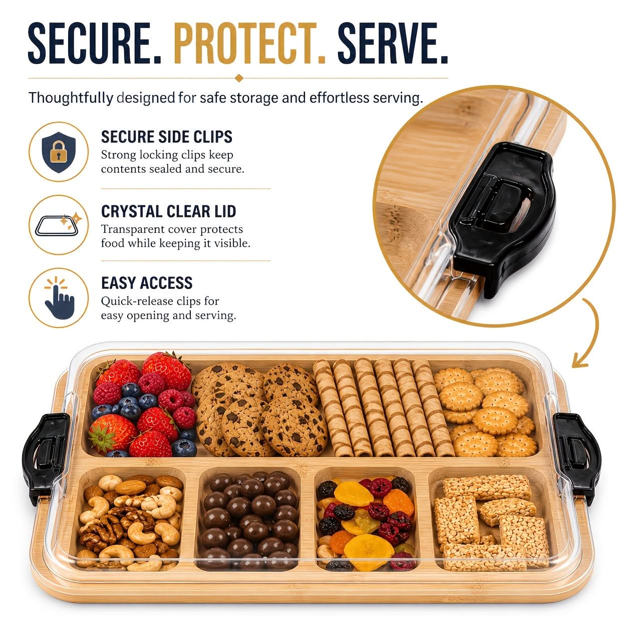 Bamboo Snack Tray with Lid – Divided Design for Serving and Storage