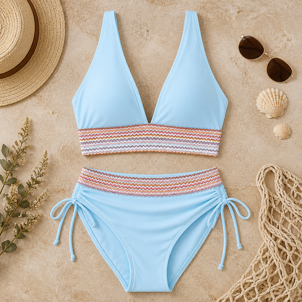 SolaraWave™ – High-Waist Tummy-Control Bikini with Chevron Smocked Band