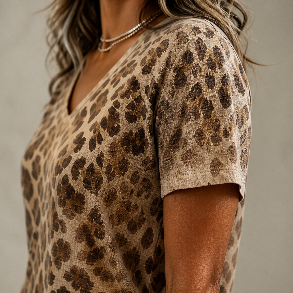 FierzaWear™ – Easygoing Leopard Print V-Neck Tee with Cutout Accent
